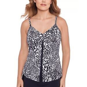 Swim Solutions Women Black Animal Print Knotted Flyaway Swim Tankini Top Size 16